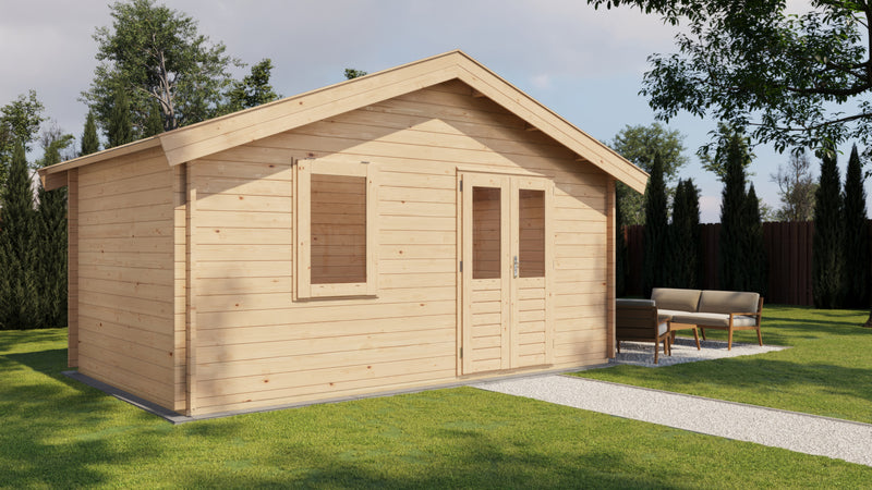 Wooden garden building with double doors, front window. Viewed from front/left side. 