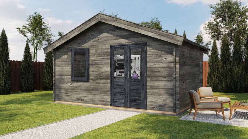 Grey, wooden garden building with black double doors, black front window. Viewed from the front/right side. 