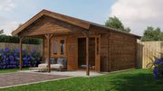 Large, brown wooden garden building with double doors, windows, front canopy area. Viewed from front/right side. 