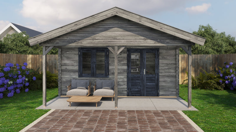 Large, grey wooden garden building with black double doors, windows, front canopy area. Viewed from the front. 