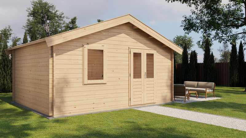 Large, wooden garden building with double doors, front window. Viewed from front/left side. 