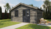 Large, grey wooden garden building with black double doors, front window. Viewed from front/right side. 