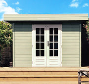 Green, wooden summerhouse with double doors, viewed from the front. 