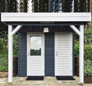 Wooden summerhouse with white accents, two single doors, viewed from the front. 
