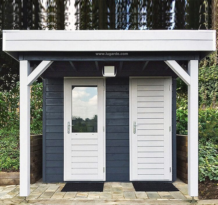 Wooden summerhouse with white accents, two single doors, viewed from the front. 