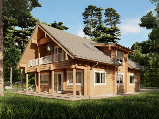 Sally two-storey residential log cabin, viewed from the front