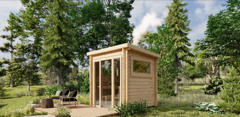 Wooden sauna with glass front door and side window. Viewed from the front/right side. 