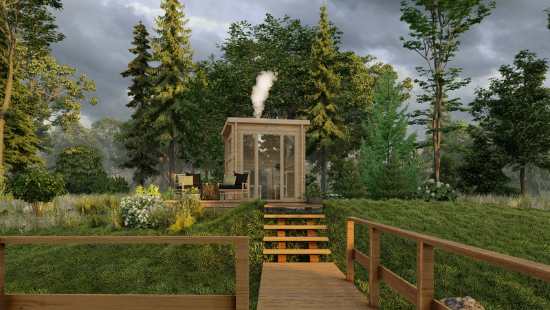Wooden sauna with a glass front door, viewed from the front. 