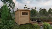 Wooden Sauna with a side window. Viewed from the left side. 