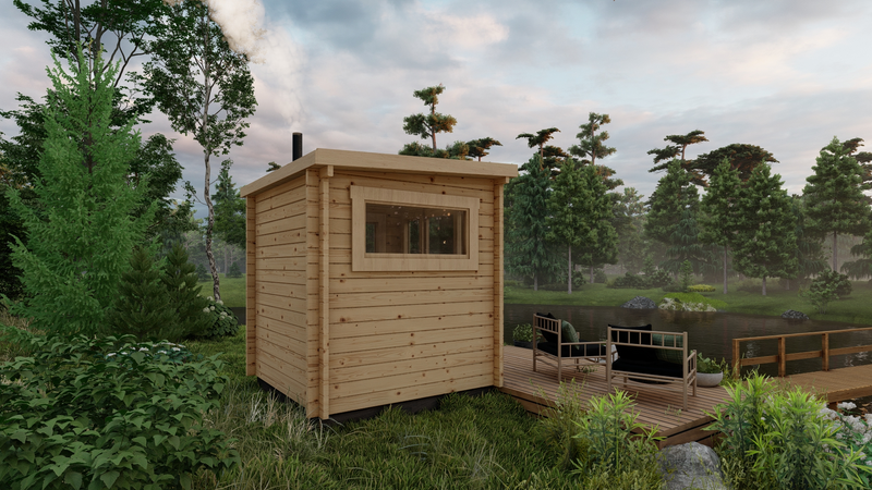Wooden Sauna with a side window. Viewed from the left side. 