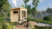 Wooden sauna with glass front door, side window. Viewed from front/left side. 