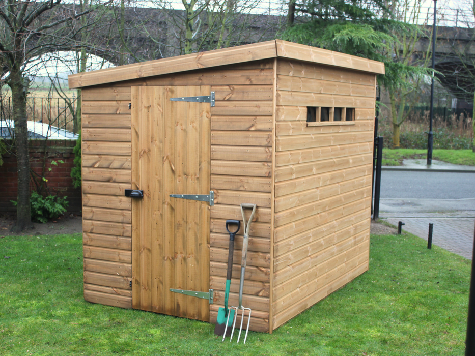 Wooden security shed with single door with padlock handle, pent style roof, security windows. Viewed from the front/right side. 