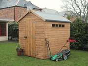 Wooden security shed with apex style roof, small security windows, single door with security padlock handle. Viewed from the front/right side. 