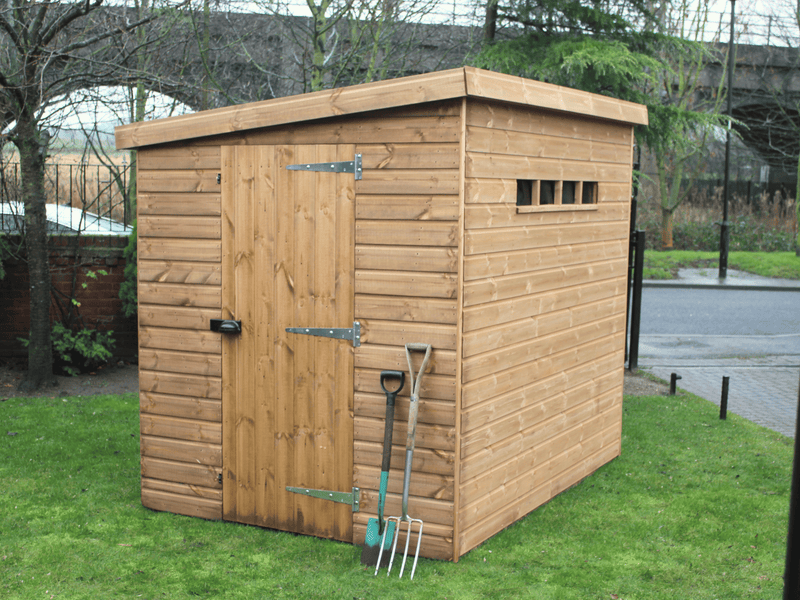 Wooden security shed with single door with padlock handle, pent style roof, security windows. Viewed from the front/right side. 