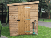 Wooden security shed with pent roof, single door with security padlock handle, viewed from the front. 