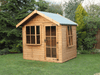 Classic wooden summerhouse with large bay window, side opening window, single door at front. Viewed from front/right side. 