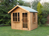 Classic wooden summerhouse with large bay window, side opening window, single door at front. Viewed from front/right side. 