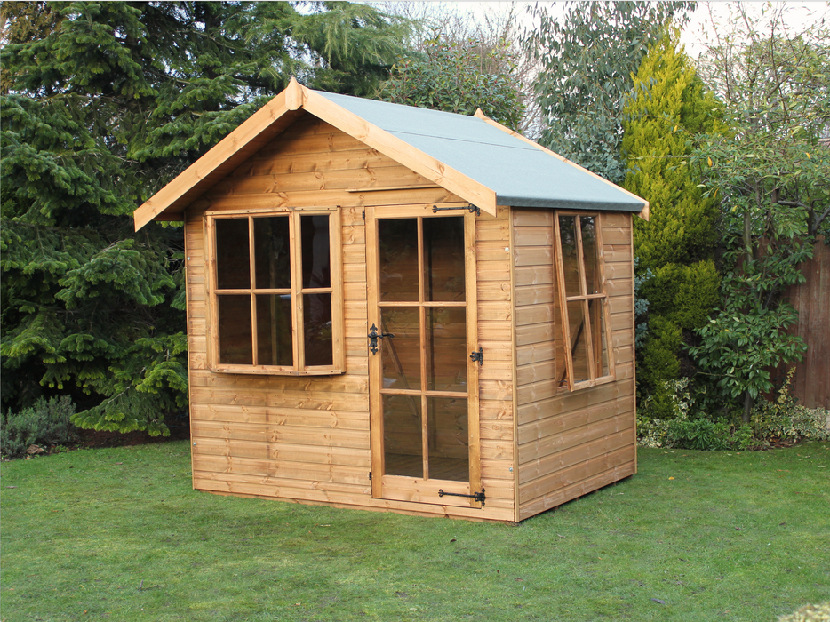Classic wooden summerhouse with large bay window, side opening window, single door at front. Viewed from front/right side. 