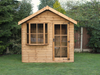 Classic wooden summerhouse with large bay window, single door. Viewed from the front. 