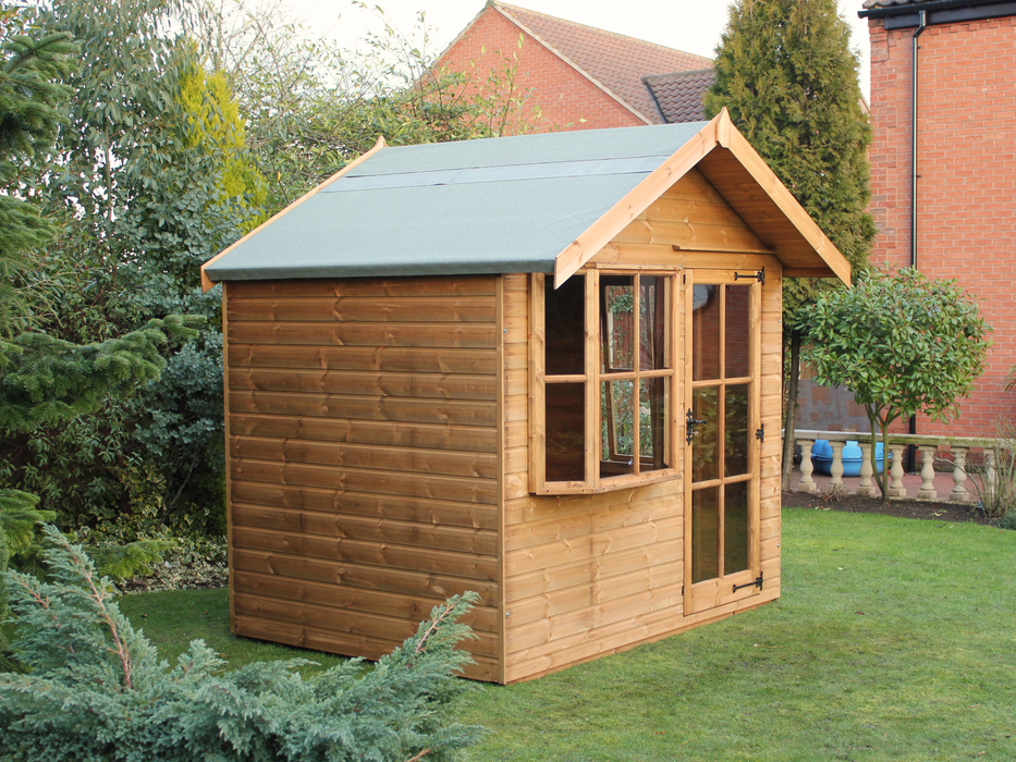 Classic wooden summerhouse with large bay window, single door. Viewed from the front/left side. 