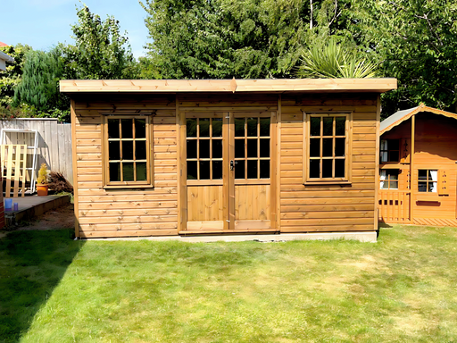 The Studio Summerhouse with double doors and two opening side windows, viewed from the front
