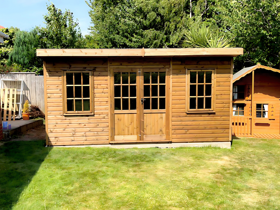 The Studio Summerhouse with double doors and two opening side windows, viewed from the front