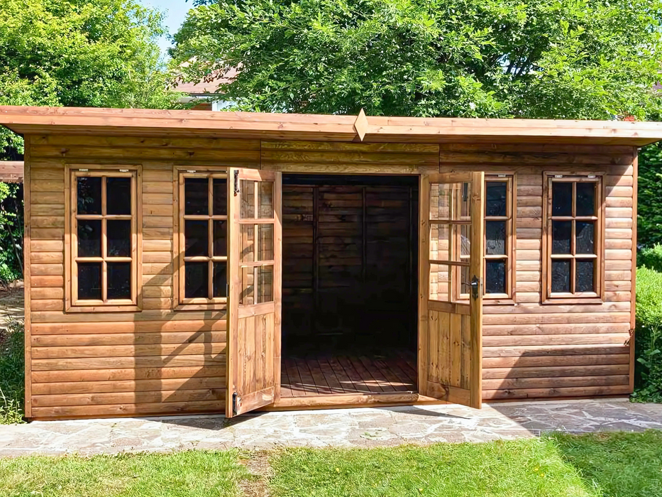 The Studio Summerhouse with open double doors and four opening side windows, viewed from the front