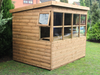 Classic wooden shed with side opening windows, windows along the front. Viewed from the back/left side.