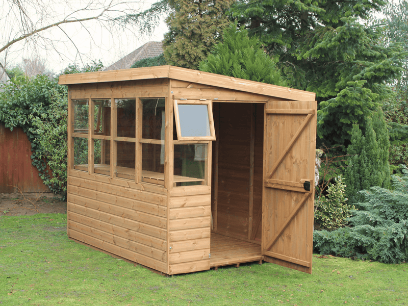 Classic wooden potting shed with side door, side opening windows, windows all along the front, slatted staging. Viewed from the front/right side. 