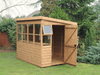 Classic wooden potting shed with side door, side opening windows, windows all along the front, slatted staging. Viewed from the front/right side. 