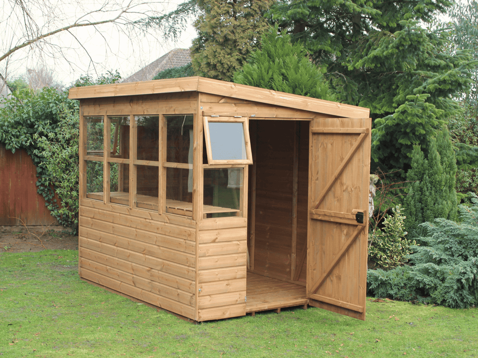 Classic wooden potting shed with side door, side opening windows, windows all along the front, slatted staging. Viewed from the front/right side. 