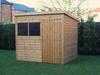 Classic wooden shed with single door and two front windows, viewed from the front. 