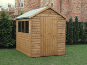 Supreme wooden shed with single door, three side windows, viewed from the front/left side