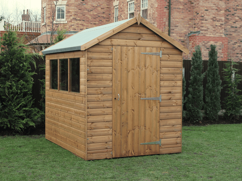 Supreme wooden shed with single door, three side windows, viewed from the front/left side