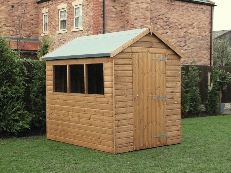 Supreme wooden shed with single door, three side windows, viewed from the front/left side.