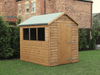 Supreme wooden shed with single door, three side windows, viewed from the front/left side.