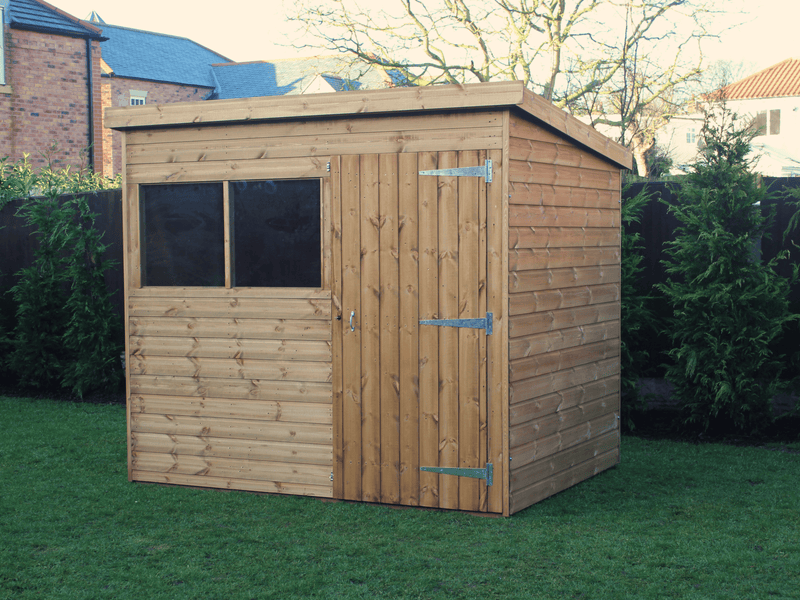 Supreme wooden pent shed with single door and two front windows, viewed from the front. 