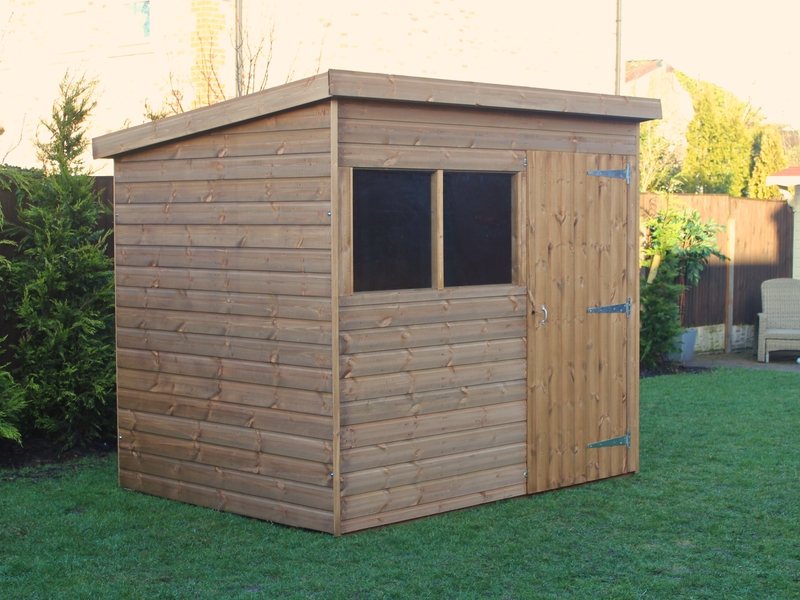 Supreme wooden pent shed with single door, two front windows, viewed from the front/left side