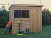 Supreme wooden shed with single door and two front windows, viewed from the front. 