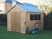 Supreme wooden apex workshop with double doors and three side windows, viewed from the front/right side. 