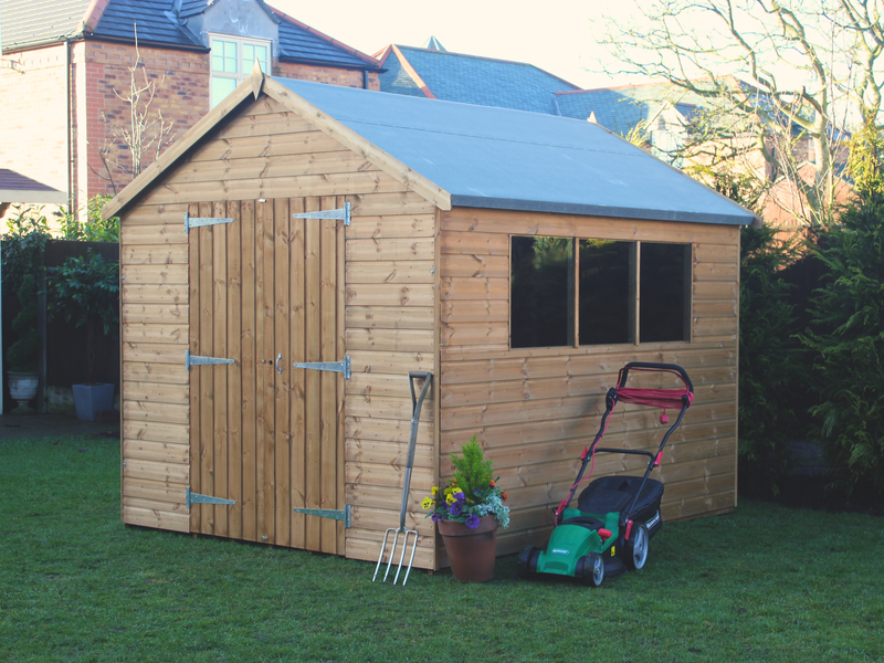 Supreme wooden apex workshop with double doors and three side windows, viewed from the front/right side. 