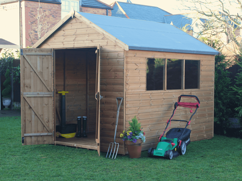 Supreme wooden apex workshop with opened double doors, three side windows, viewed from front/right side. 