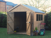 Supreme wooden apex workshop with opened double doors, three side windows, viewed from the front/right side. 