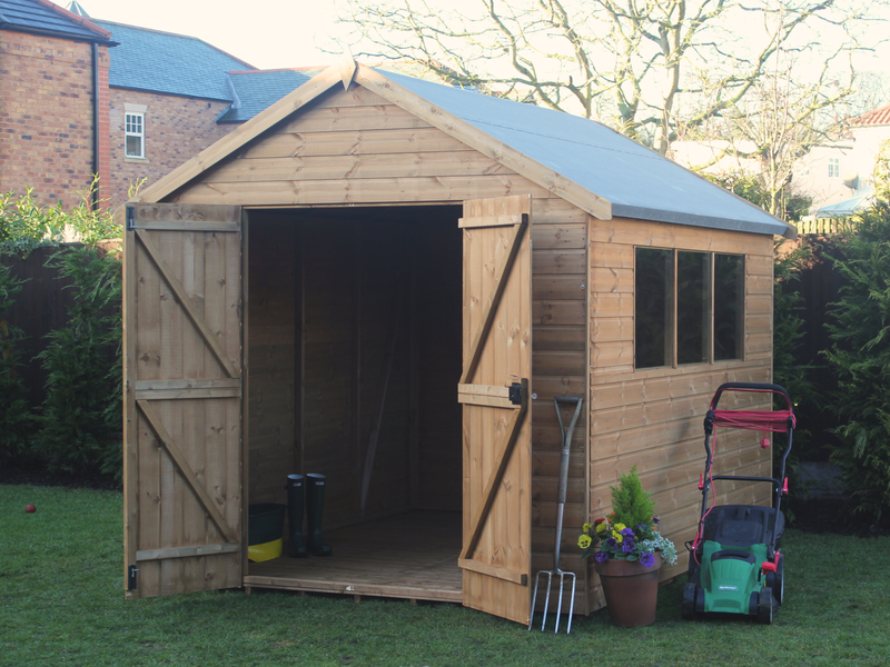 Supreme wooden apex workshop with opened double doors, three side windows, viewed from the front/right side. 