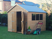 Supreme wooden apex workshop with opened door, three side windows, viewed from the front/right side
