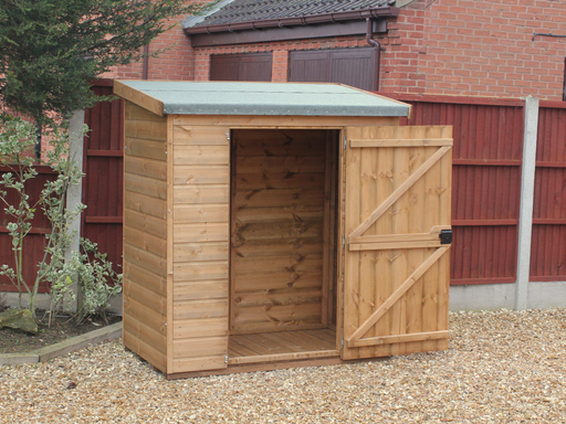 Small wooden tool shed with open single door, viewed from the front. 