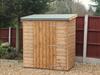 Small wooden tool shed with single door, viewed from the front. 