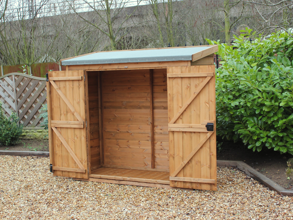 Small wooden tool shed with double doors open, viewed from the front. 