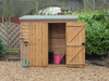 Small wooden tool shed with one door open, one shut, viewed from the front. 