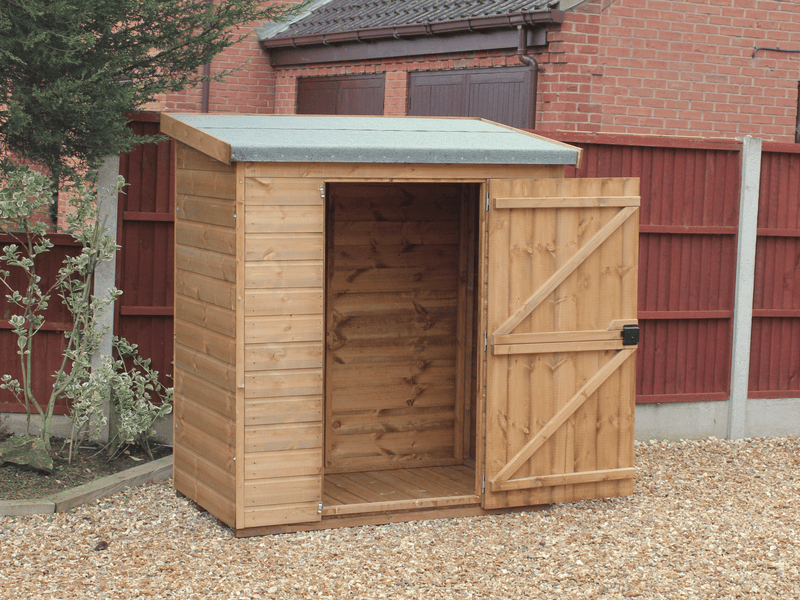 Small wooden tool shed with open single door, viewed from the front. 